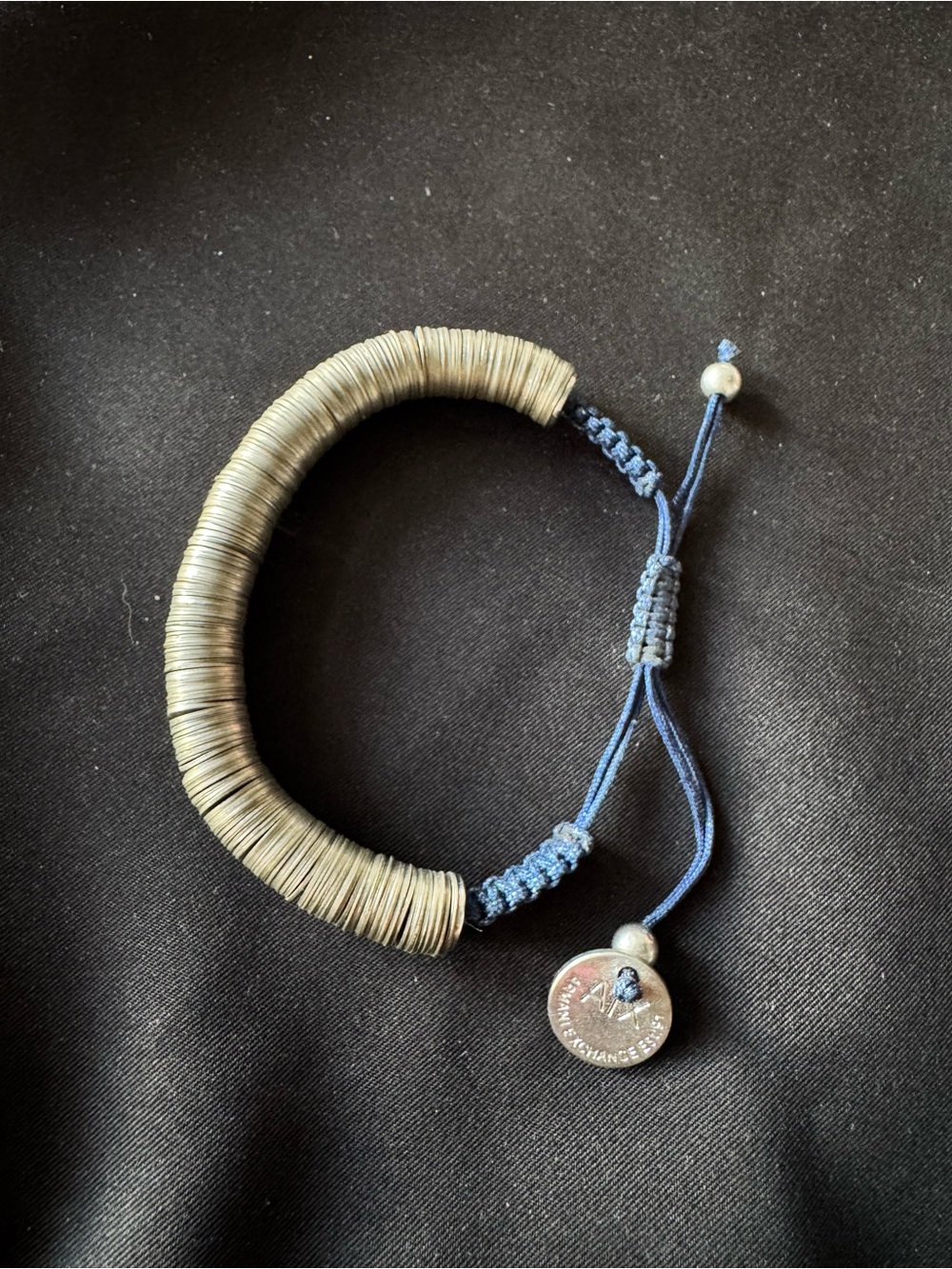 A/X Armani Exchange Stacked Metal Disk Bracelet with Blue Cord adjustable